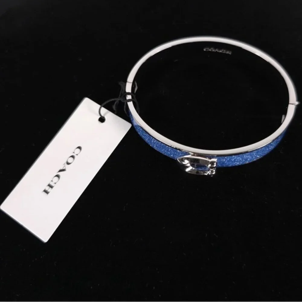NWT COACH Signature C Logo Hinged Bangle Bracelet Sparkly Blue Enamel & Silver‎